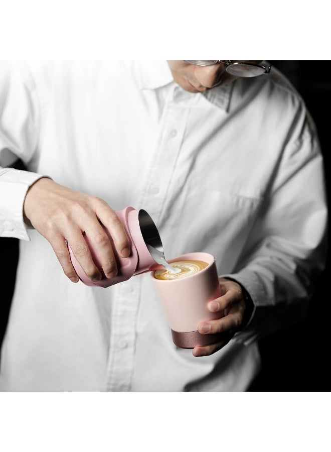 MHW-3BOMBER GT Milk Pitcher Handle less, Pink – 400 ml Stainless Steel Latte Art Pitcher with Silicone Sleeve Grip, U-Shaped Spout, Dual Scale Markings and Ergonomic Design for Latte Art - Image 5